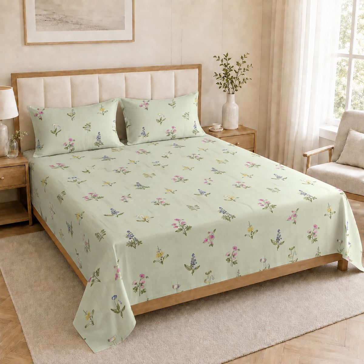 King Size Double Bedsheet with 2 Pillow Covers Premium Dusty Floral Printed ( Grey ,108x108 inch )