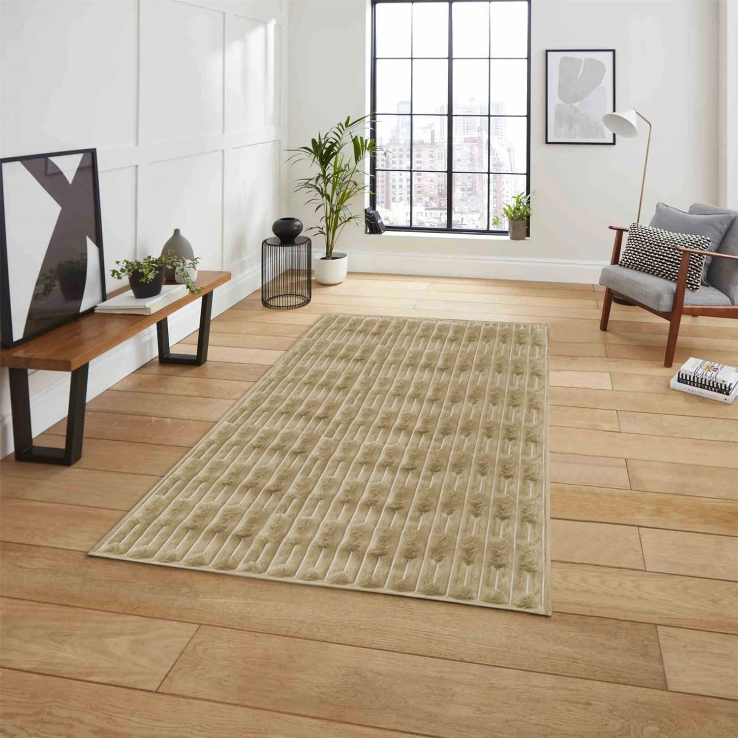 Rabbit Tail Fur Carpet (3x5 Feet, Beige)