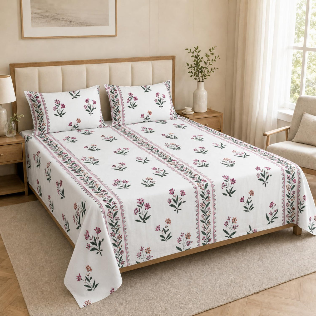King Size Double Bedsheet with 2 Pillow Covers Premium Petite Blossom Trail Printed 90x100inch