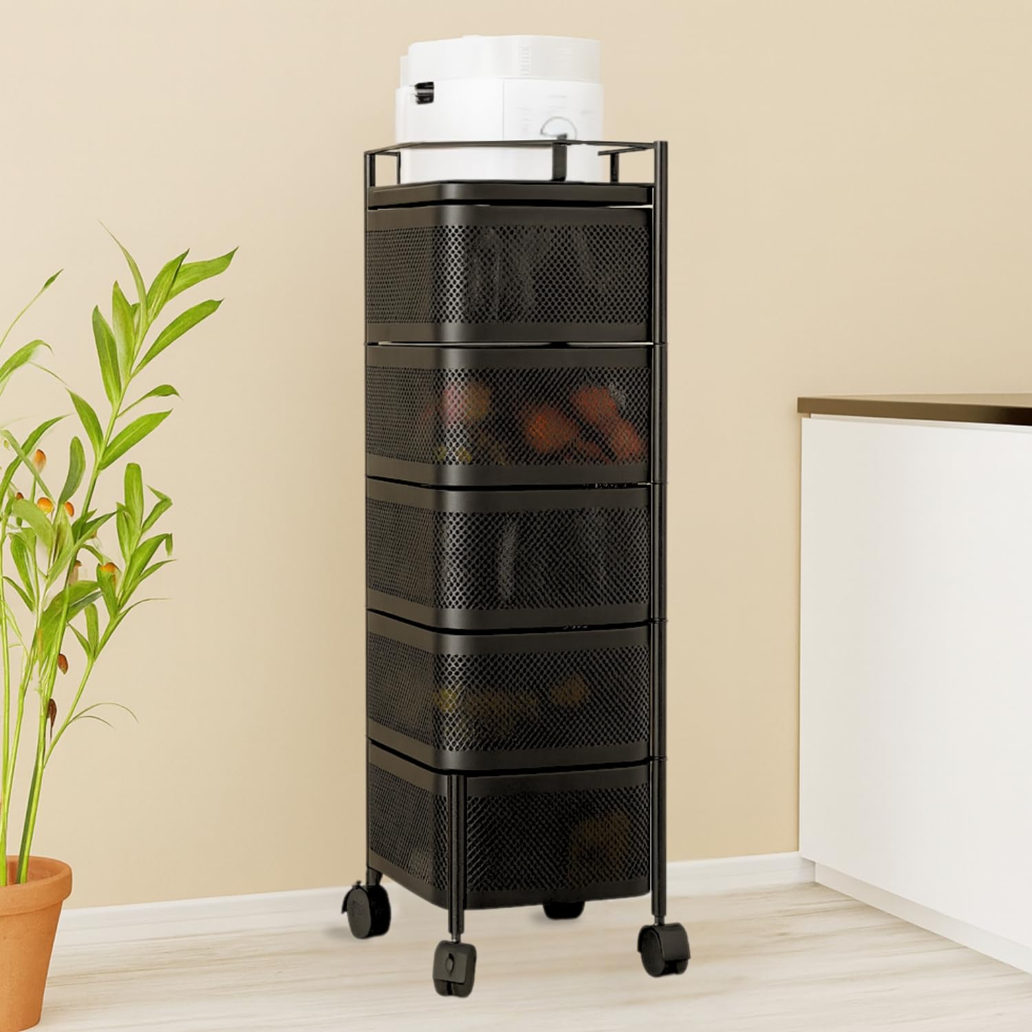 5-Tier Revolving Kitchen Trolley with Wheels (Black 29x29x95)