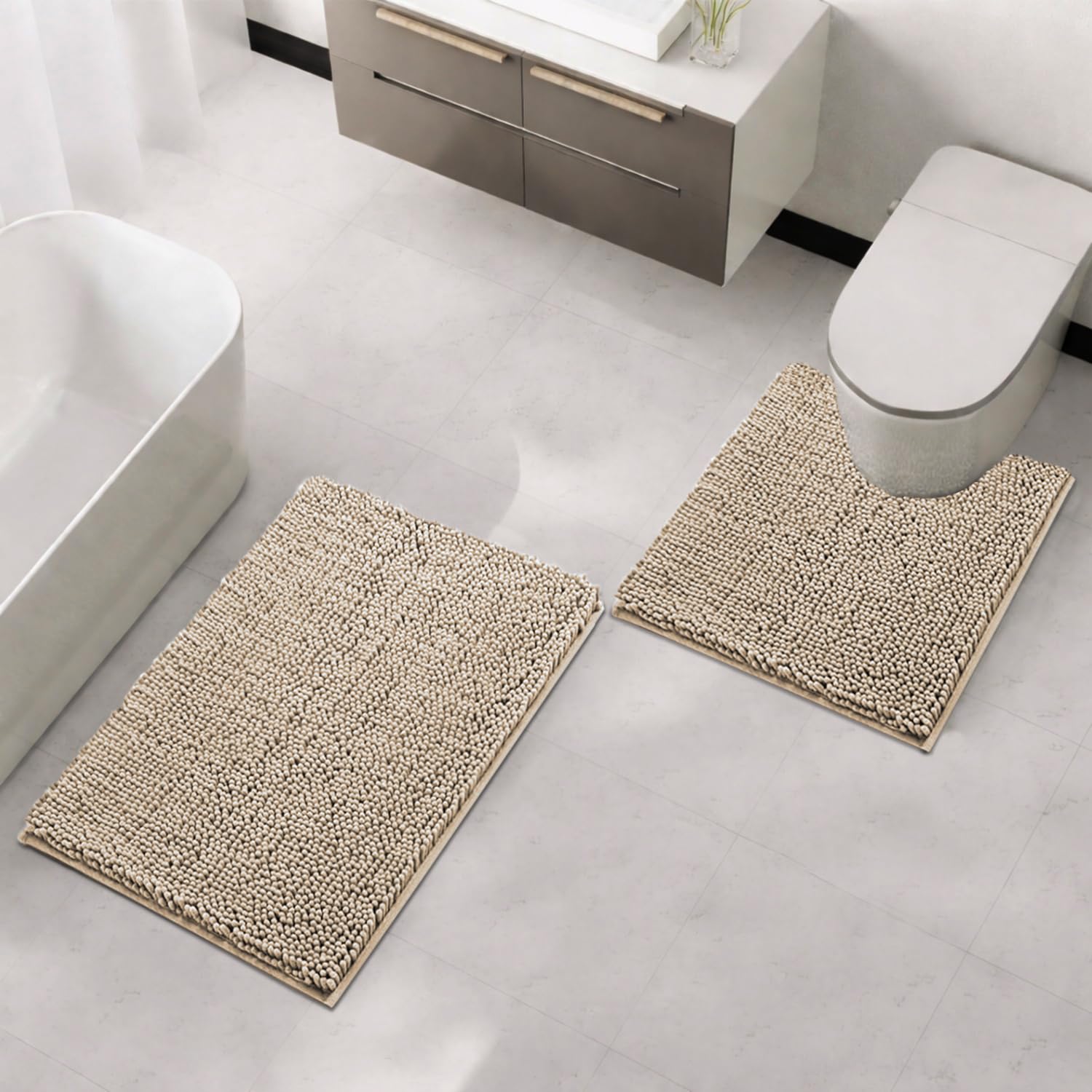 Microfibre Chenille Contour Bath Mat Set  Pack of 2 (Beige 40x60cm & 47x47cm)