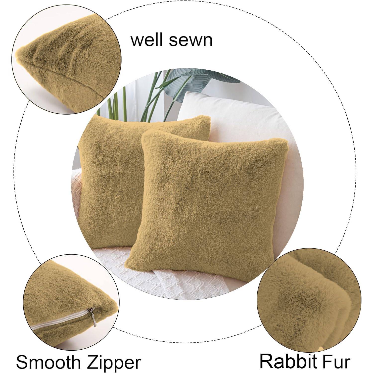 Cushion Cover Duble Side Rabbit Fur Set of 2(16 x 16 inch , Anti Gold)