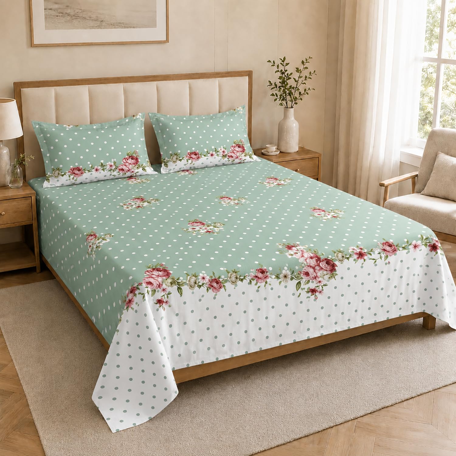 Double Bedsheet with 2 Pillow Covers 220 TC 100% Cotton Feel ( Sage , 90x100inch )