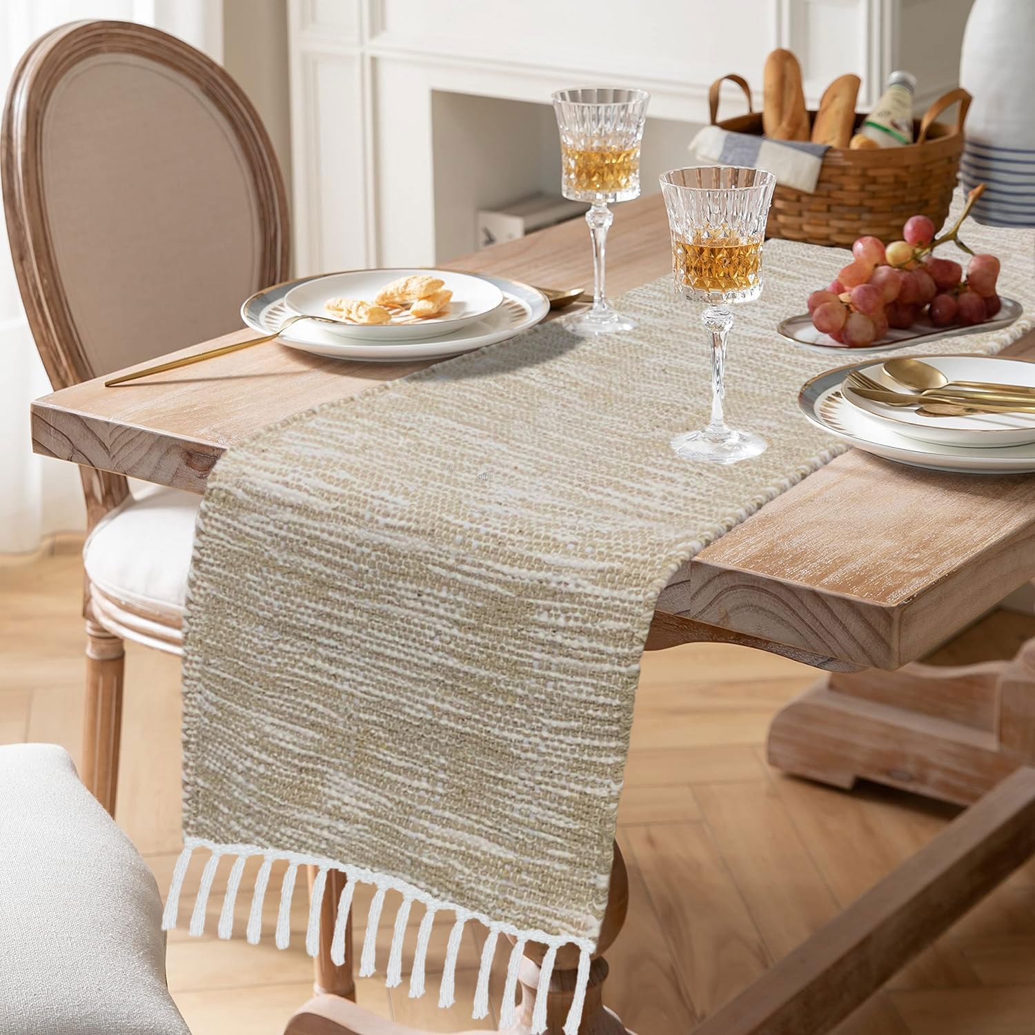 Table Runner with Tassels Textured(Elegant Beige & White Woven  13 x 74 Inch)