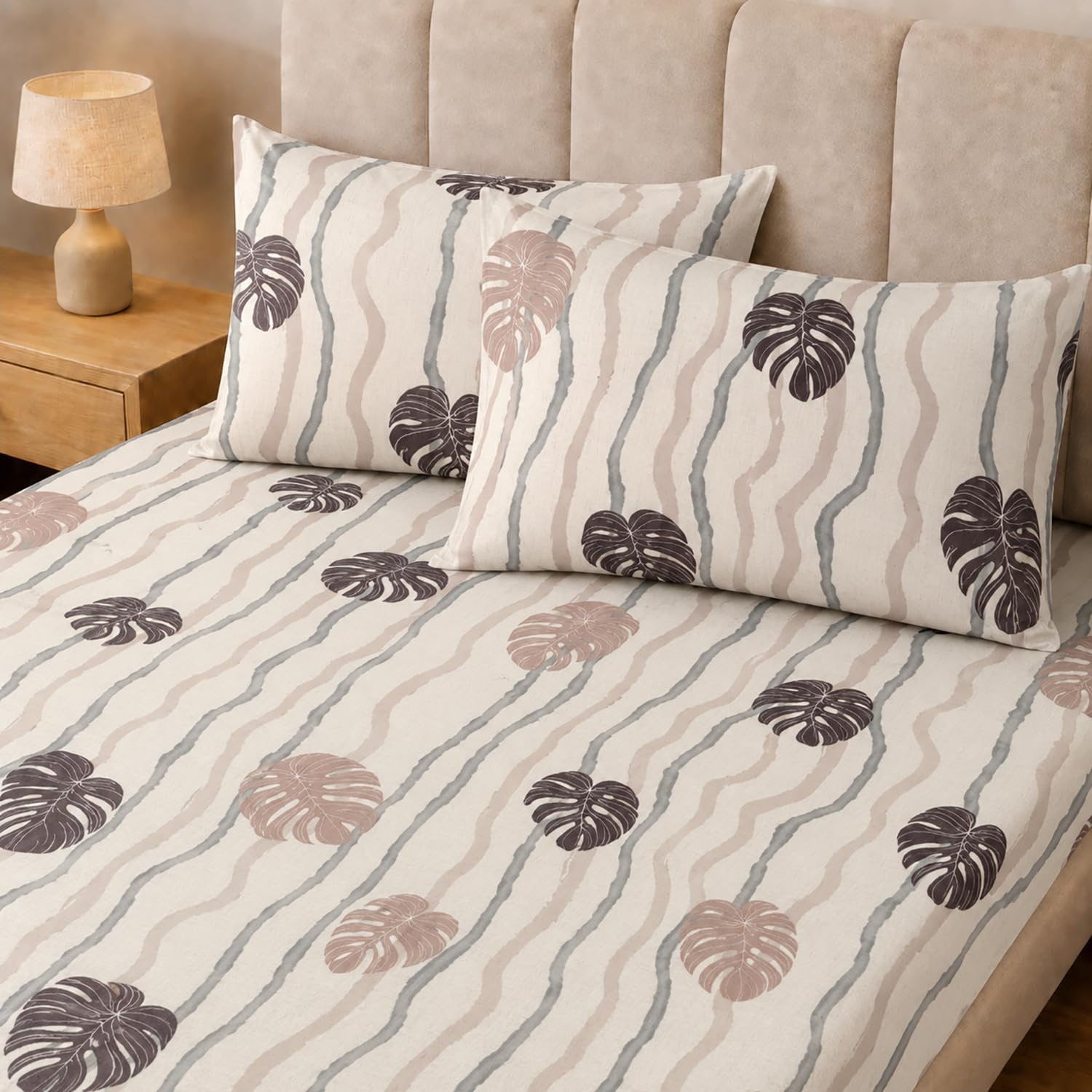 Double Bedsheet with 2 Pillow Covers Premium 240 TC 100% Cotton Feel (Cream 108x108 inch )