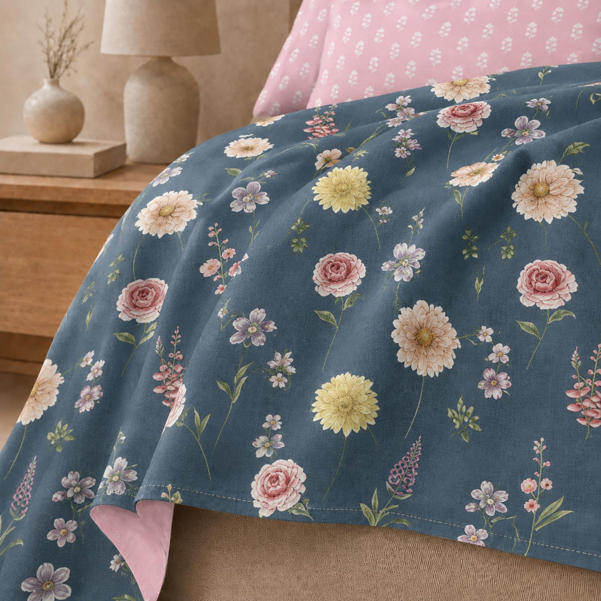 Double Bedsheet with 2 Pillow Covers 220 TC 100% Cotton Feel (King Size Navy 90x100 inch )