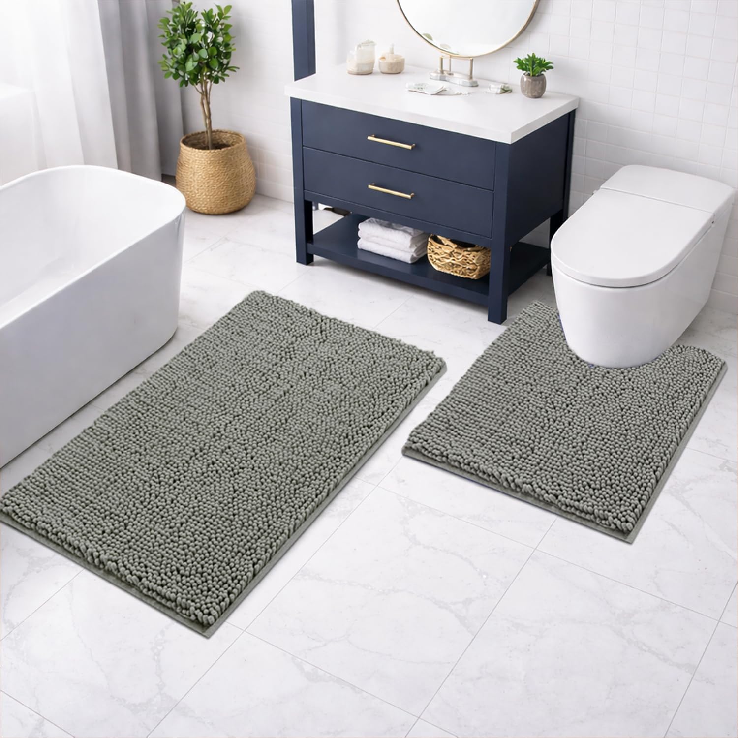 Microfibre Chenille Contour Bath Mat Set Pack of 2 (Grey 45x75cm & 47x47cm)