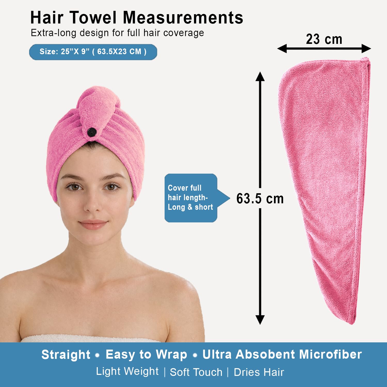 Microfibre Hair Towel Wrap for Women and Men ( 23x63.5 cm, Pink )