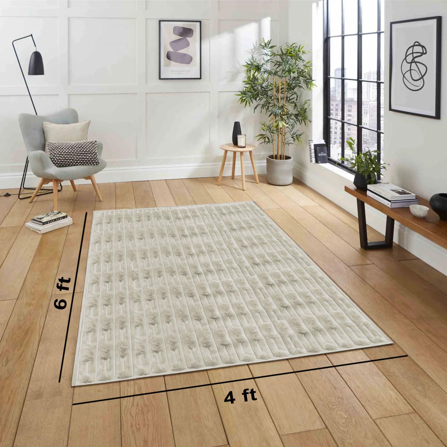 Rabbit Tail Fur Carpet (4x6 Feet, Cream)