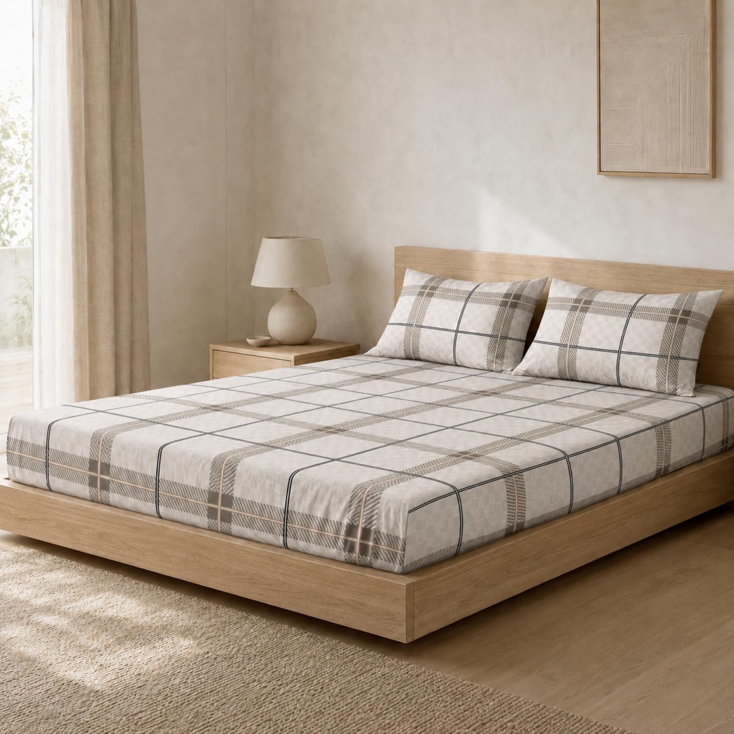 King Size Double Bedsheet with 2 Pillow Covers Premium Classic Plaid Printed Grey 90x100 inch