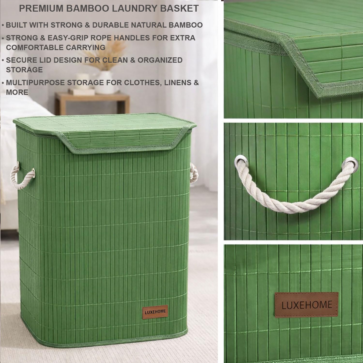 Rectangle Bamboo Laundry Basket for Clothes(Green, 40x30x50 cm)
