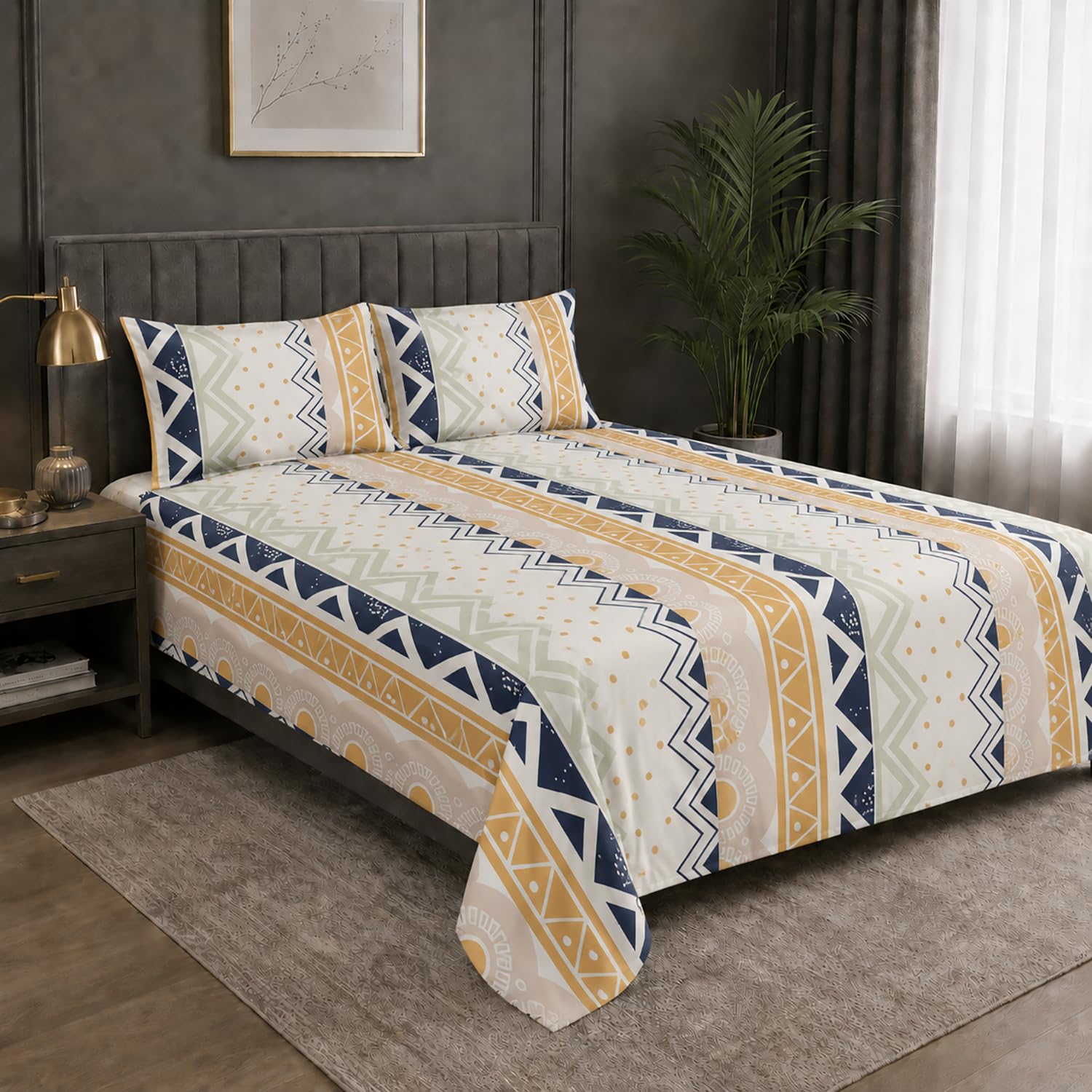Double Bedsheet with 2 Pillow Covers 220 TC 100% Cotton Feel ( King Size Navy & Mustard 90x100inch )