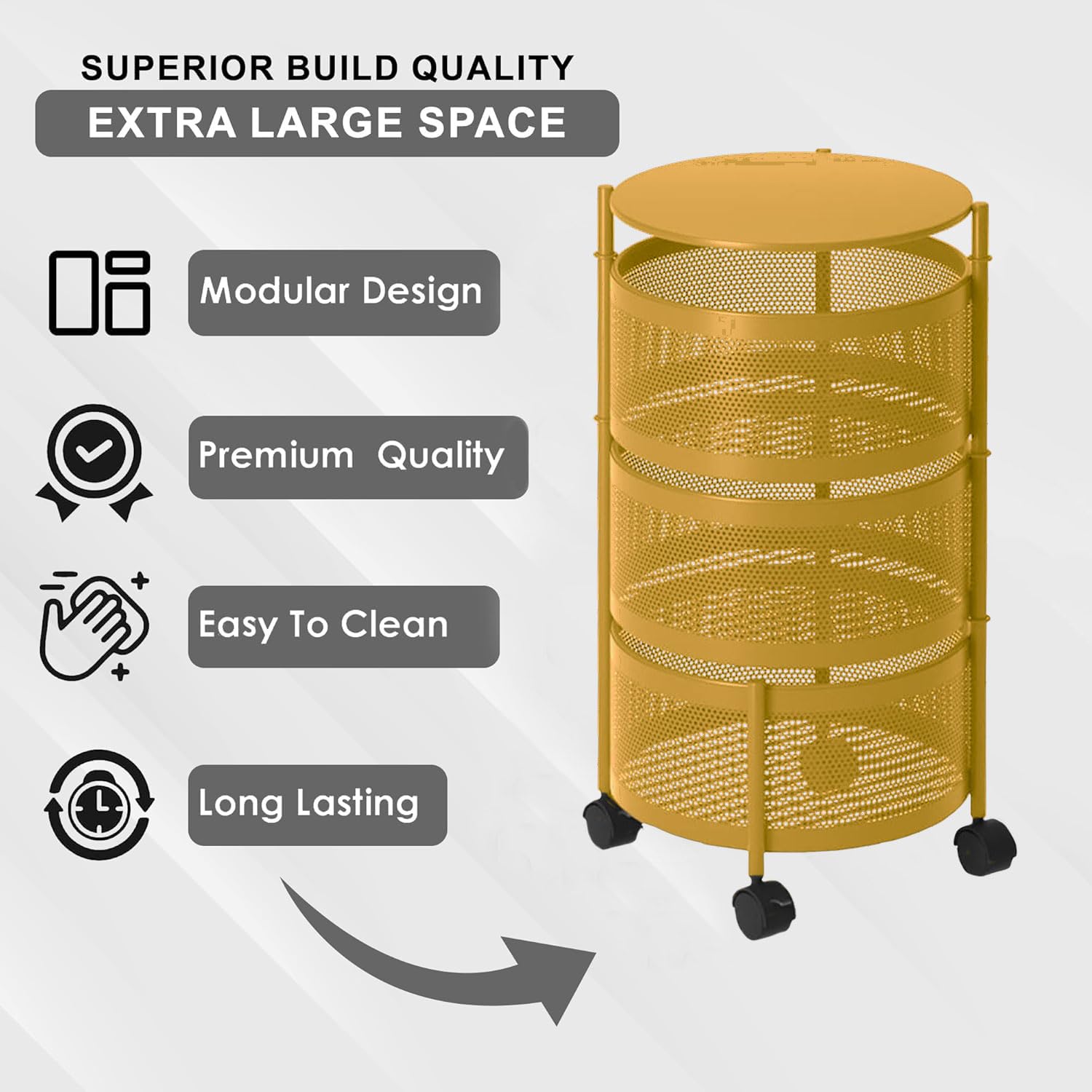 3-Tier Revolving Kitchen Trolley with Wheels (Gold 32x32x60)