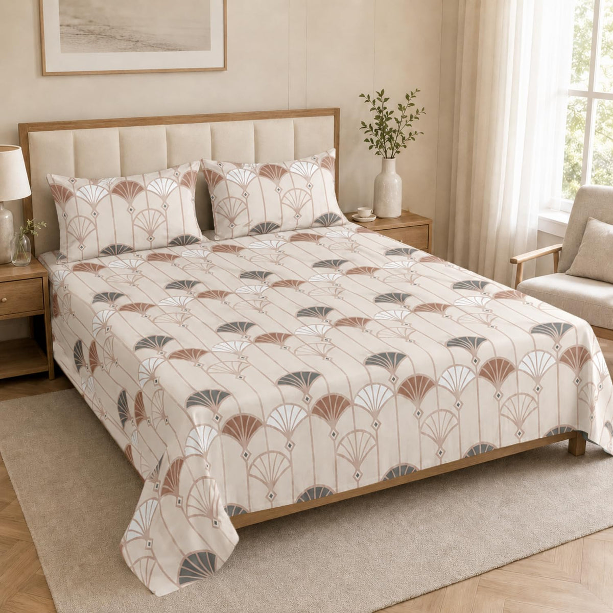 Double Bedsheet with 2 Pillow Covers Premium 240 TC 100% Cotton Feel ( King Size Beige & Brown 108x108 inch )