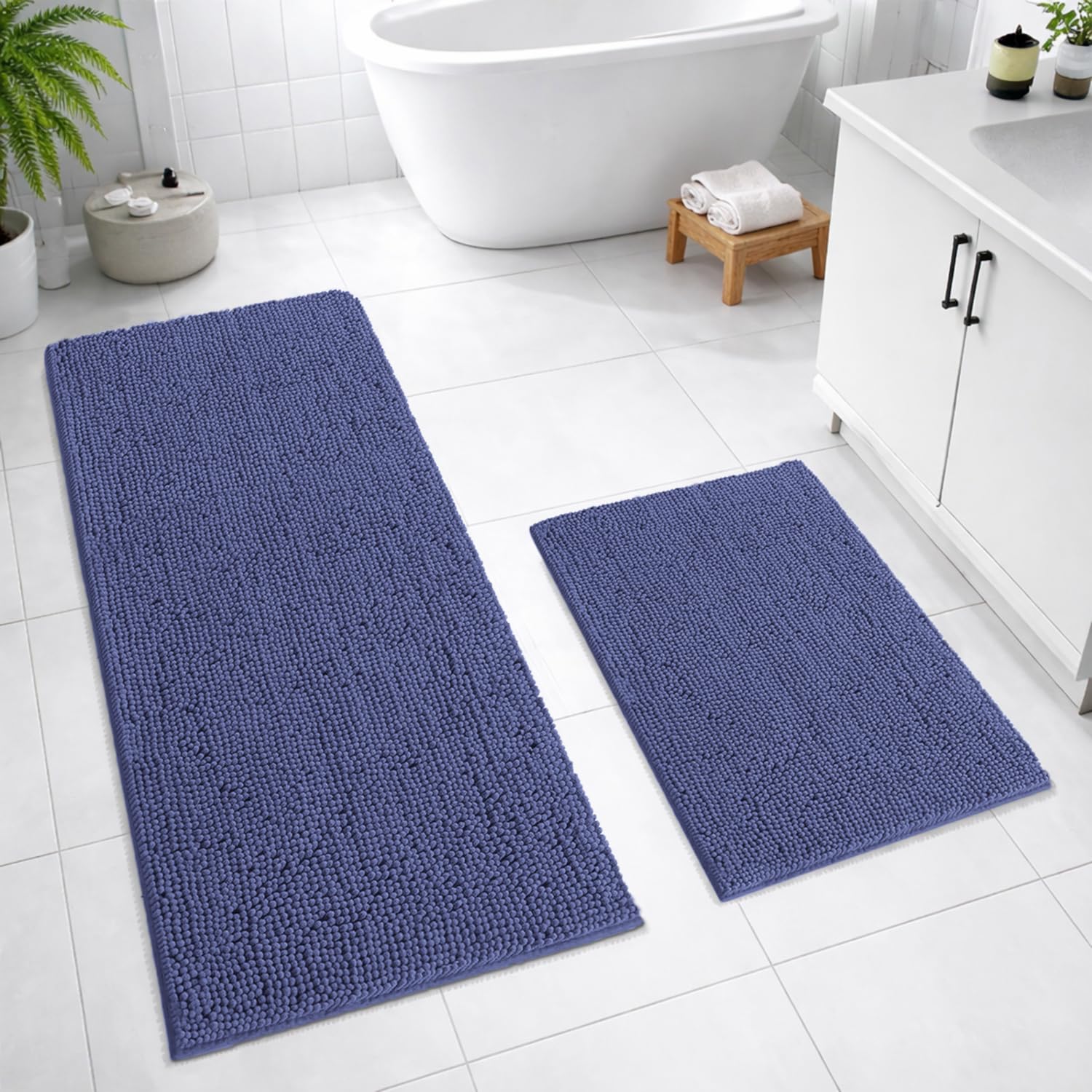 Chenille Super Absorbent Bath Mats  Pack of 2 (40x60cm 60x120cm Navy)