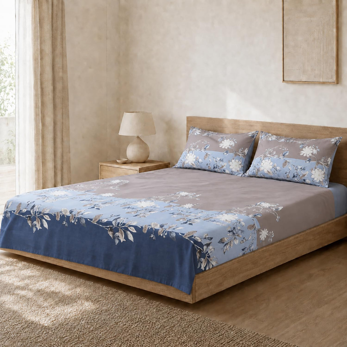 Double Bedsheet with 2 Pillow Covers 220 TC 100% Cotton Feel (King Size Dusty Blue  90x100 inch )