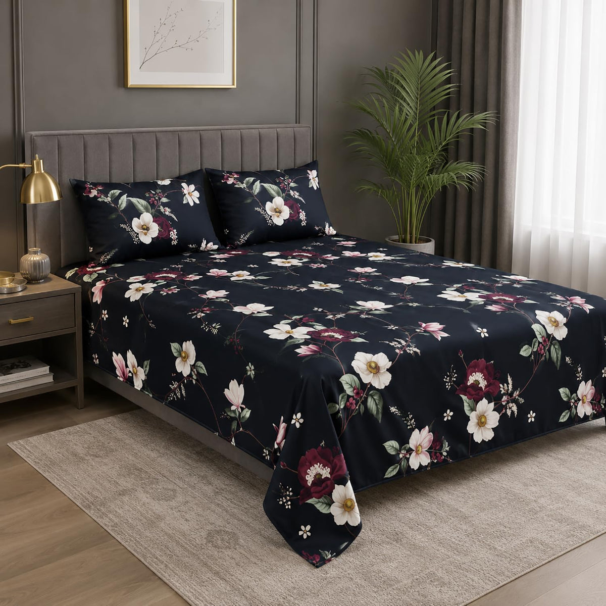 Double Bedsheet with 2 Pillow Covers 220 TC 100% Cotton Feel ( King Size Navy 90x100inch )
