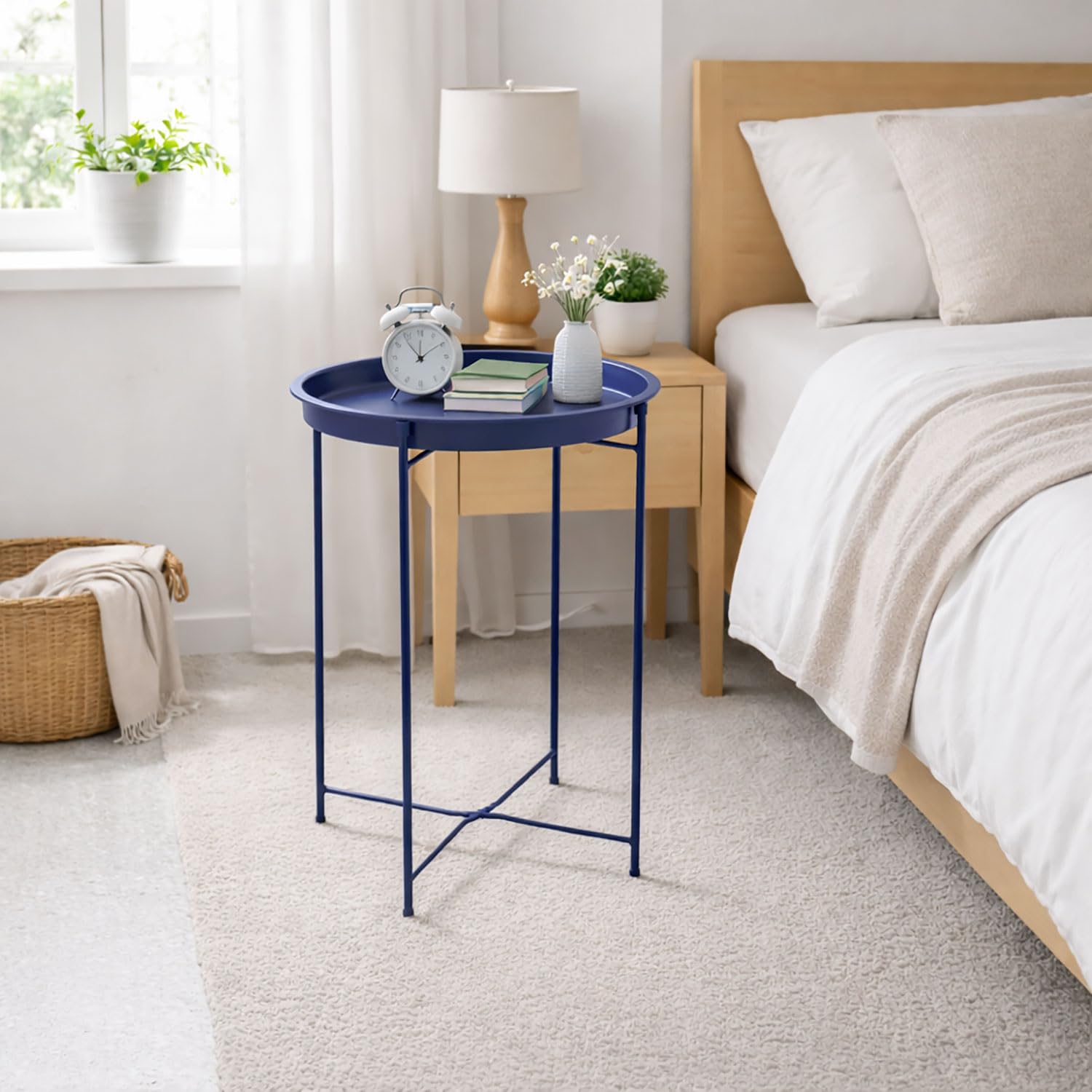 Round Metal Side Table for Living Room & Bedroom – Modern Bedside Table, Coffee Table, Corner Table with Sturdy Iron Frame, Blue, 33x33x48-Small