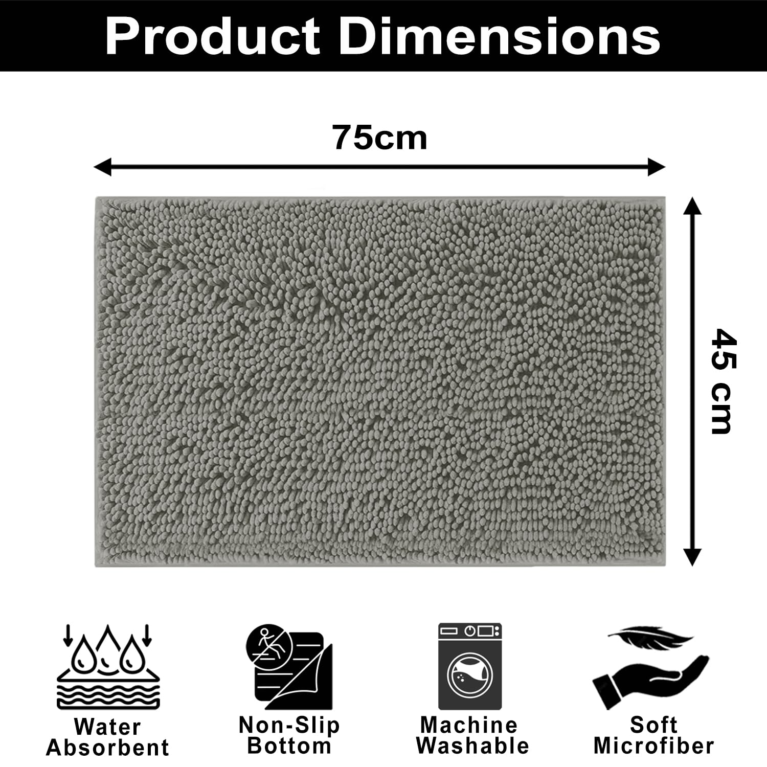Shaggy Chenille Bath Mat Extra Soft  (45x75 cm Grey)