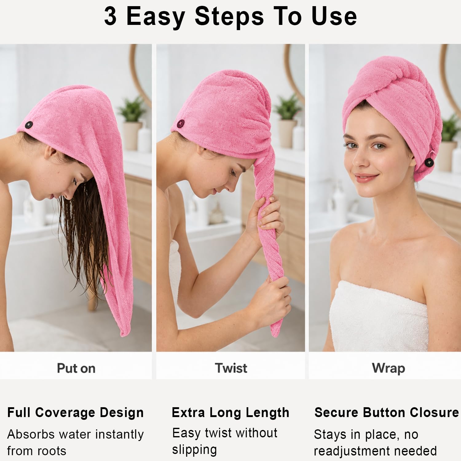 Microfibre Hair Towel Wrap for Women and Men ( 23x63.5 cm, Pink )