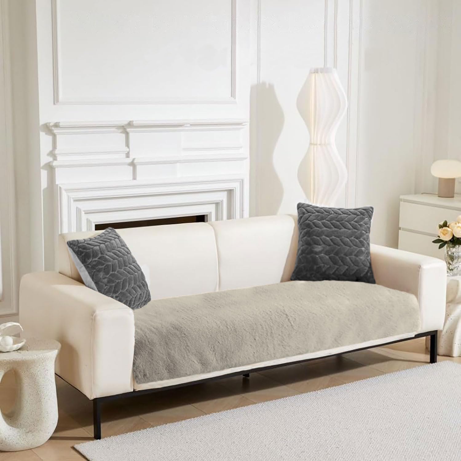 Rabbit Fur Sofa Cover 3 Seater and 2 Seater Universal 5 Seater (Light Beige, 68x183-61x66 cm)