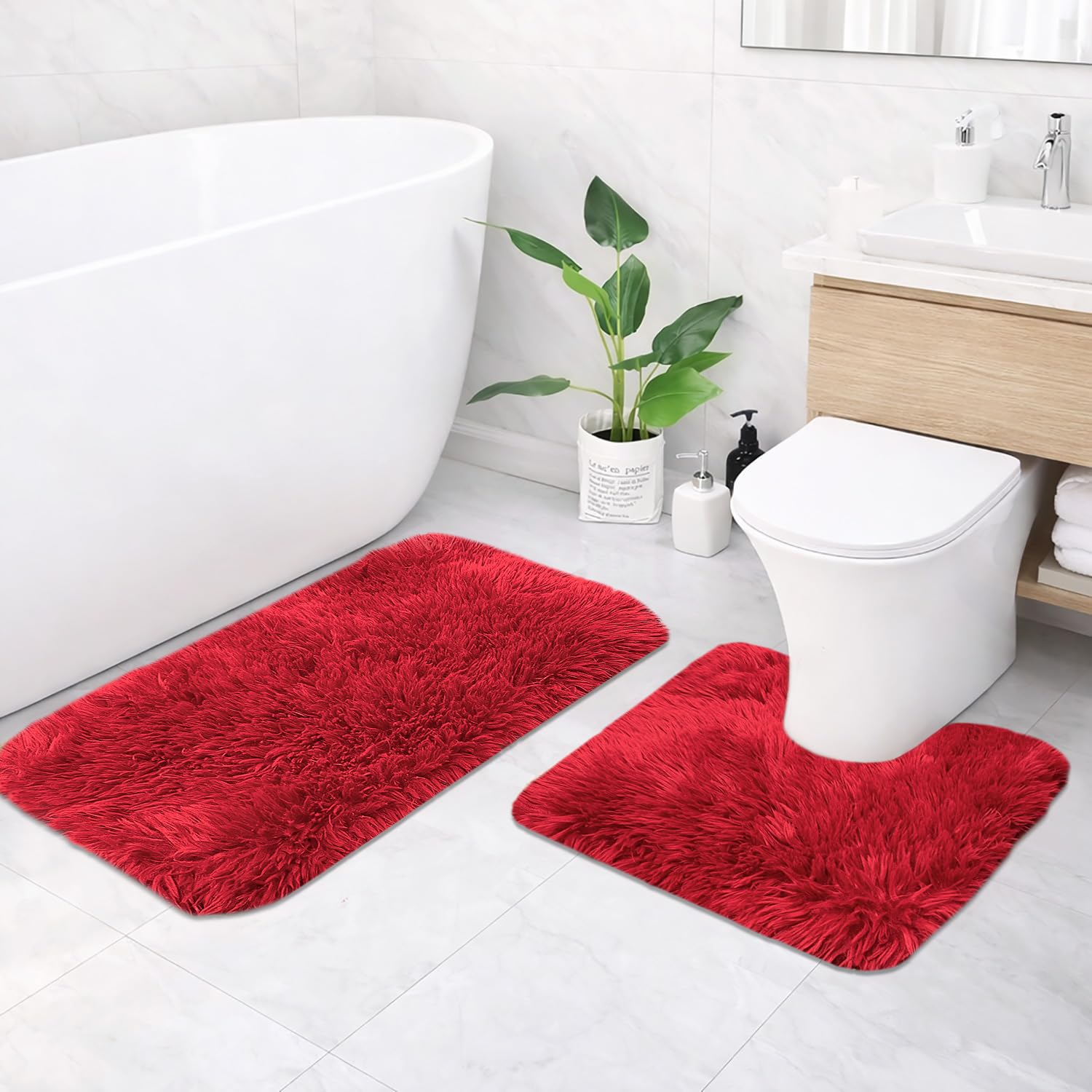 Marino Fur Contour Bath Mat Mat Set of 2 (Maroon 40x60 cm & 40x45)