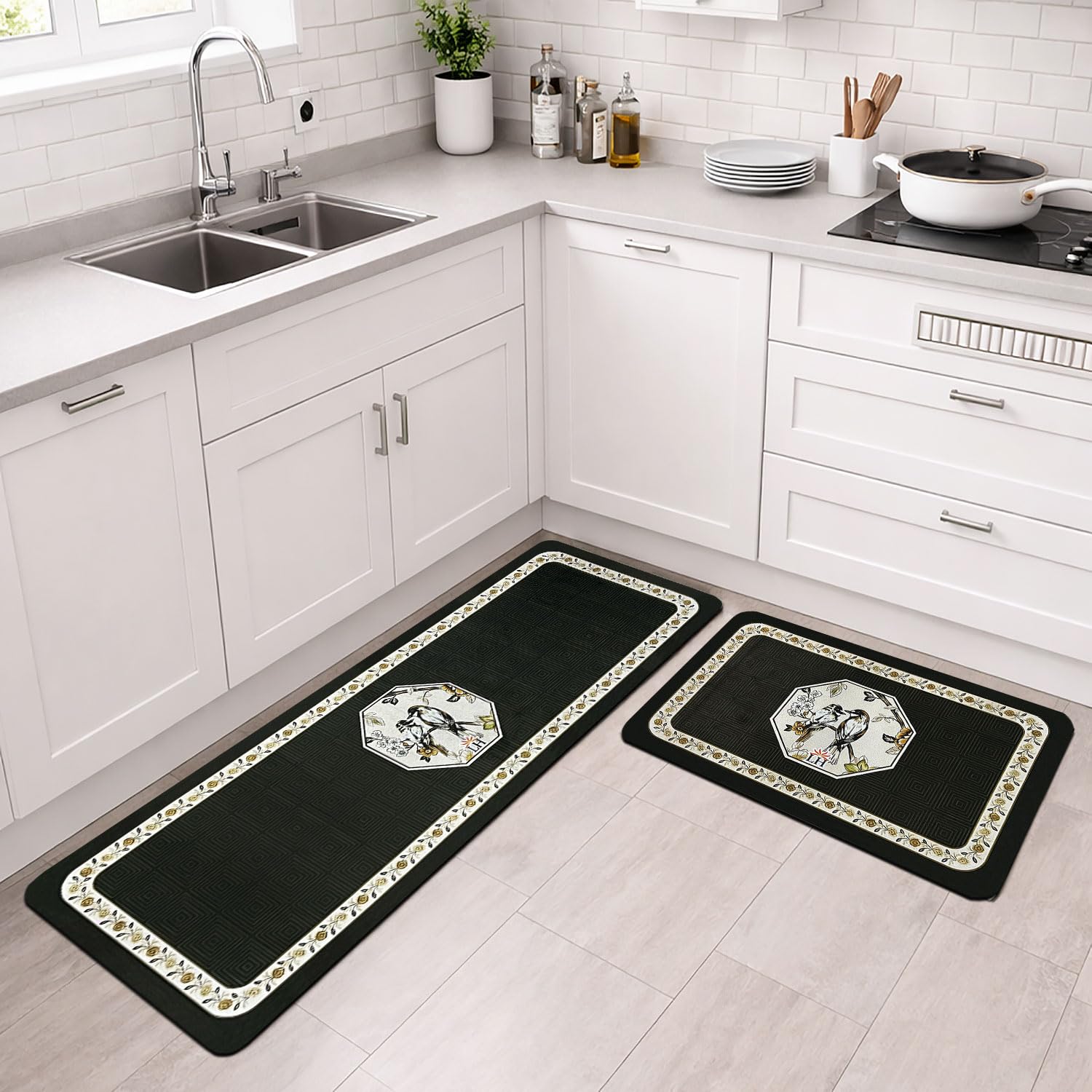 Kitchen Mat Combo Birds Design (116x36 & 58x36 cm White)