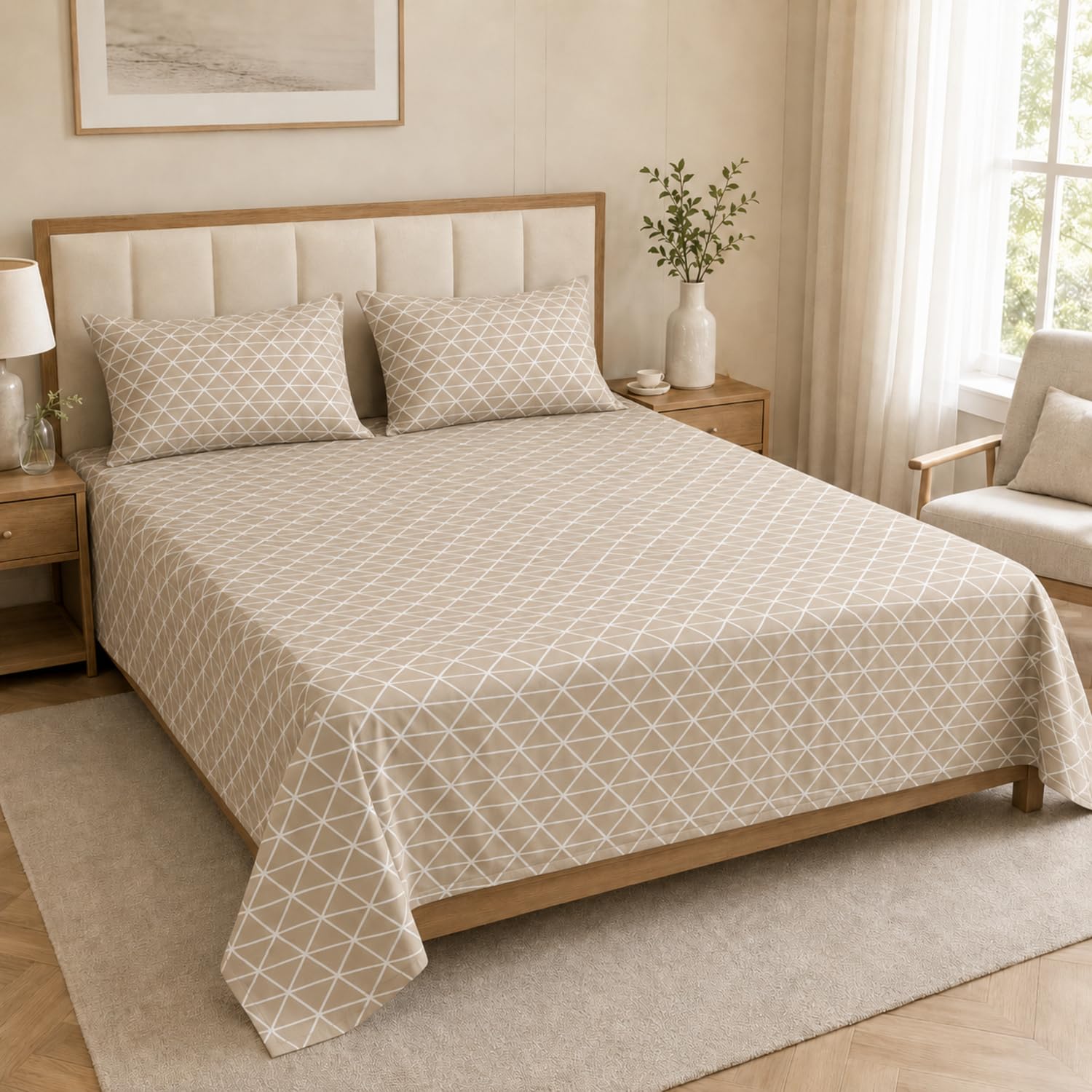 Double Bedsheet with 2 Pillow Covers 220 TC 100% Cotton Feel King Size ( Beige 90x100 inch )