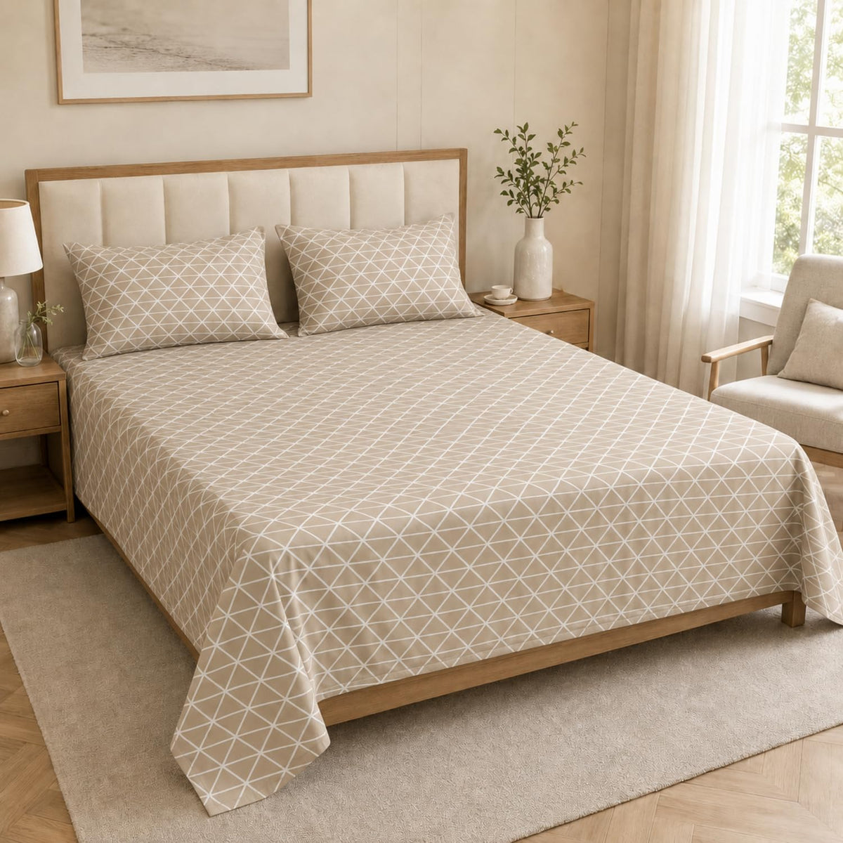King Size Double Bedsheet with 2 Pillow Covers Premium Geometric Lattice Printed Beige 90x100 inch