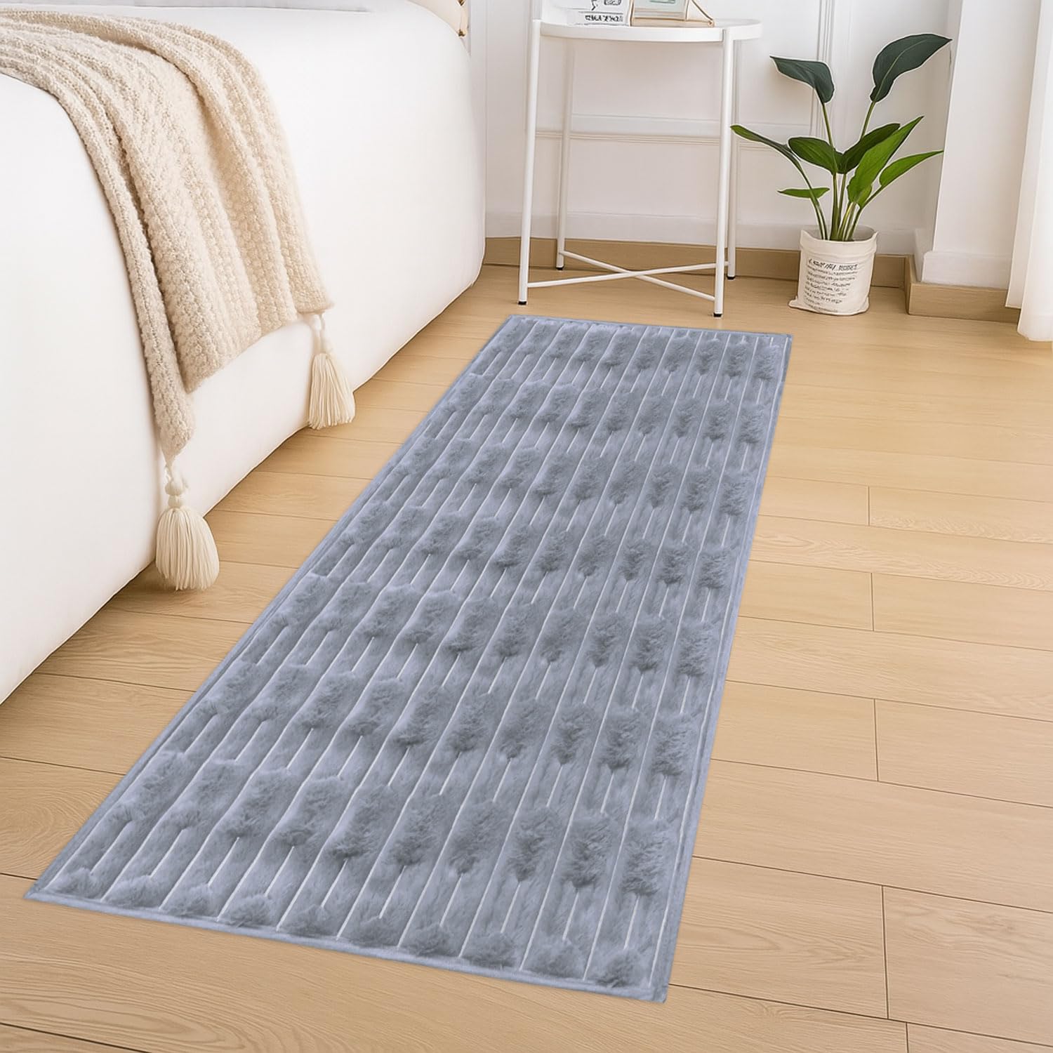 Rabbit Tail Fur Floor Runner (2x5 Feet, Silver)