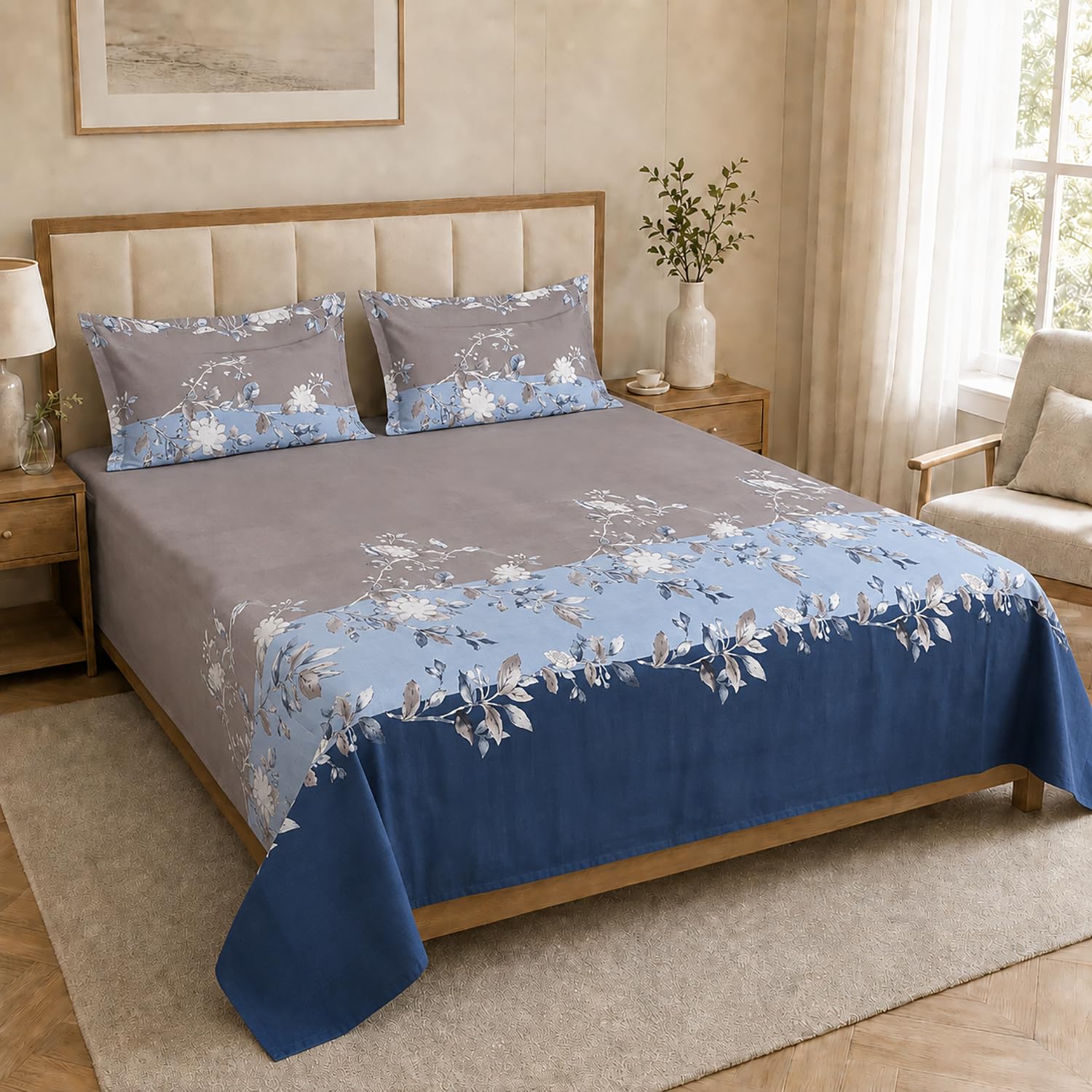Double Bedsheet with 2 Pillow Covers 220 TC 100% Cotton Feel (King Size Dusty Blue  90x100 inch )