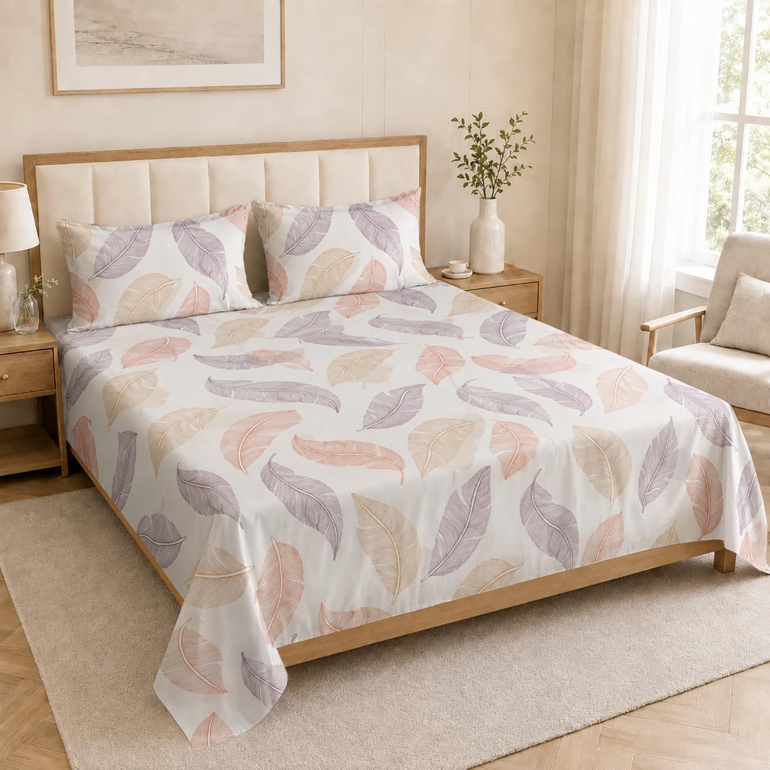 Double Bedsheet with 2 Pillow Covers Premium 240 TC 100% Cotton Feel (King Size Multicolor 108x108 inch )