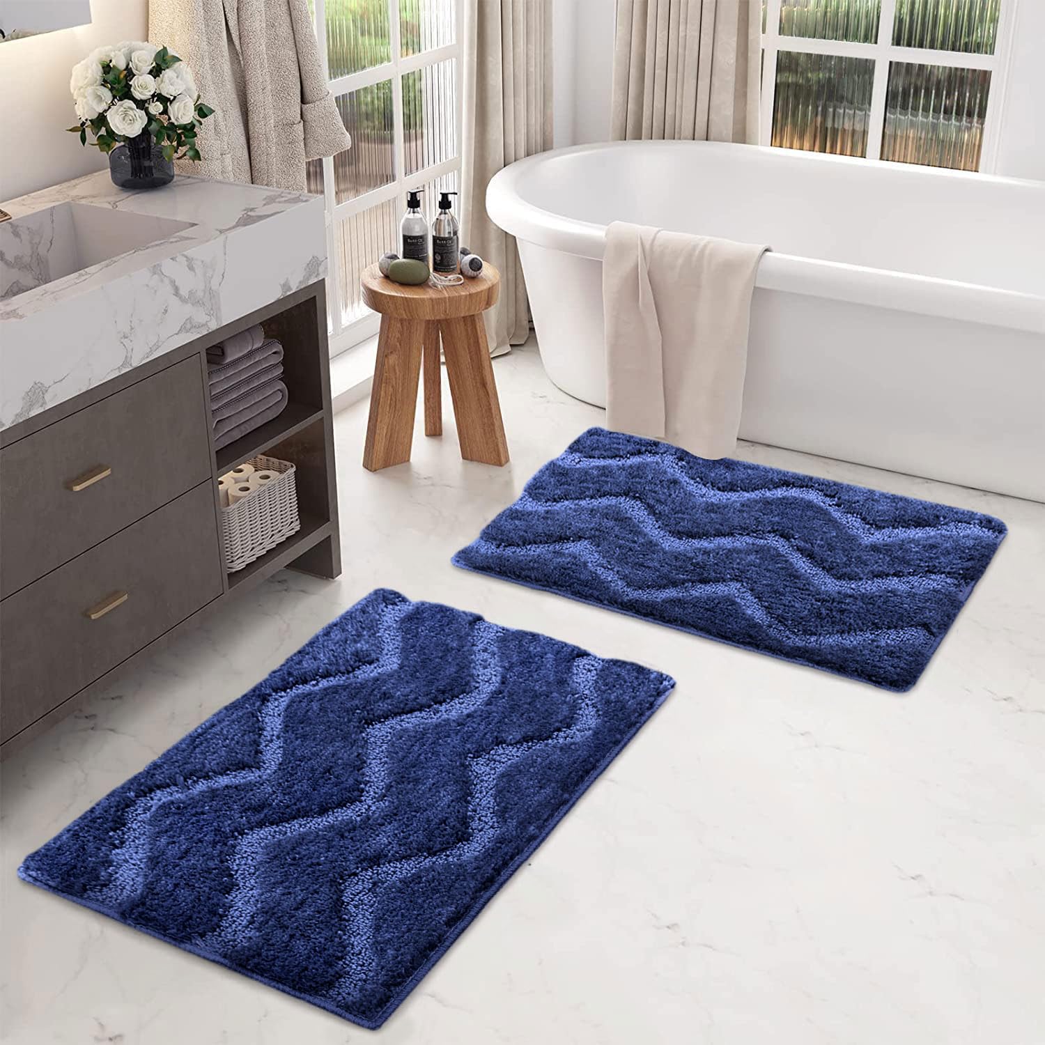 Scotland Waves Bathmat Pack Of 2(38x58 cm , Navy)