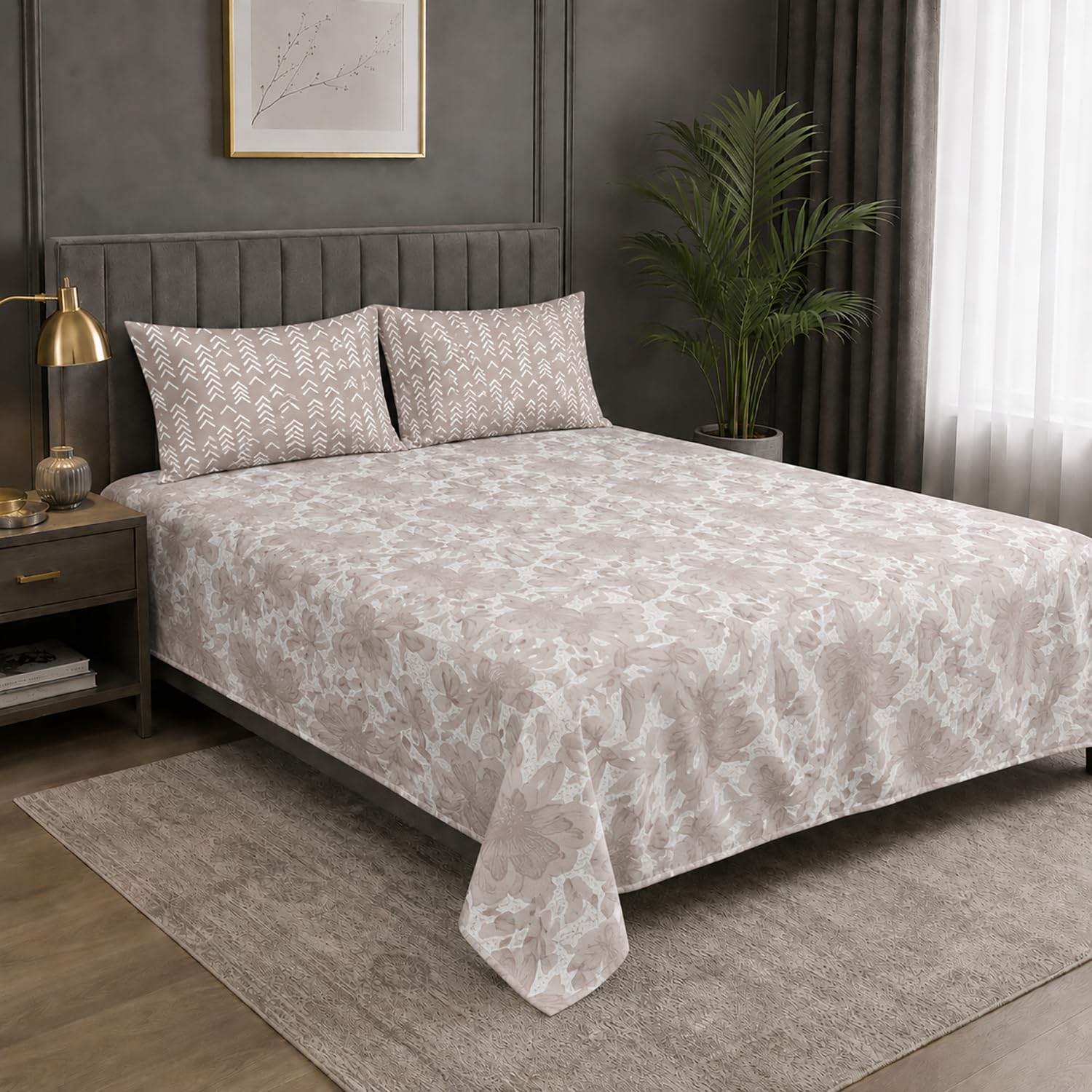 Double Bedsheet with 2 Pillow Covers Premium 240 TC 100% Cotton Feel King Size ( Taupe 108x108 inch )