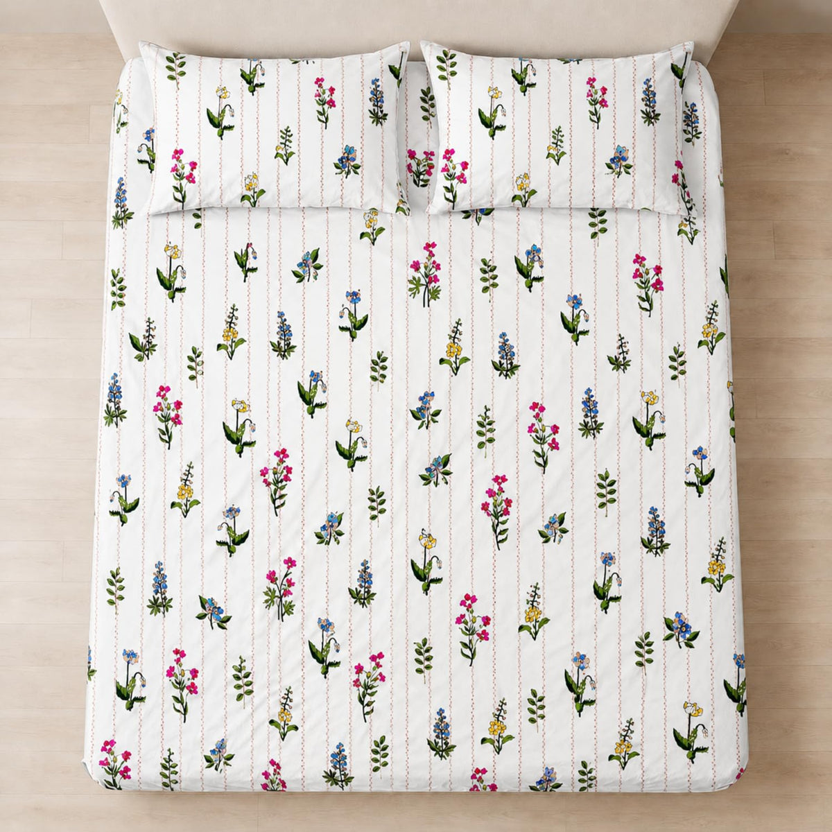 King Size Double Bedsheet with 2 Pillow Covers Wildflower Stripe Printed  90x100inch