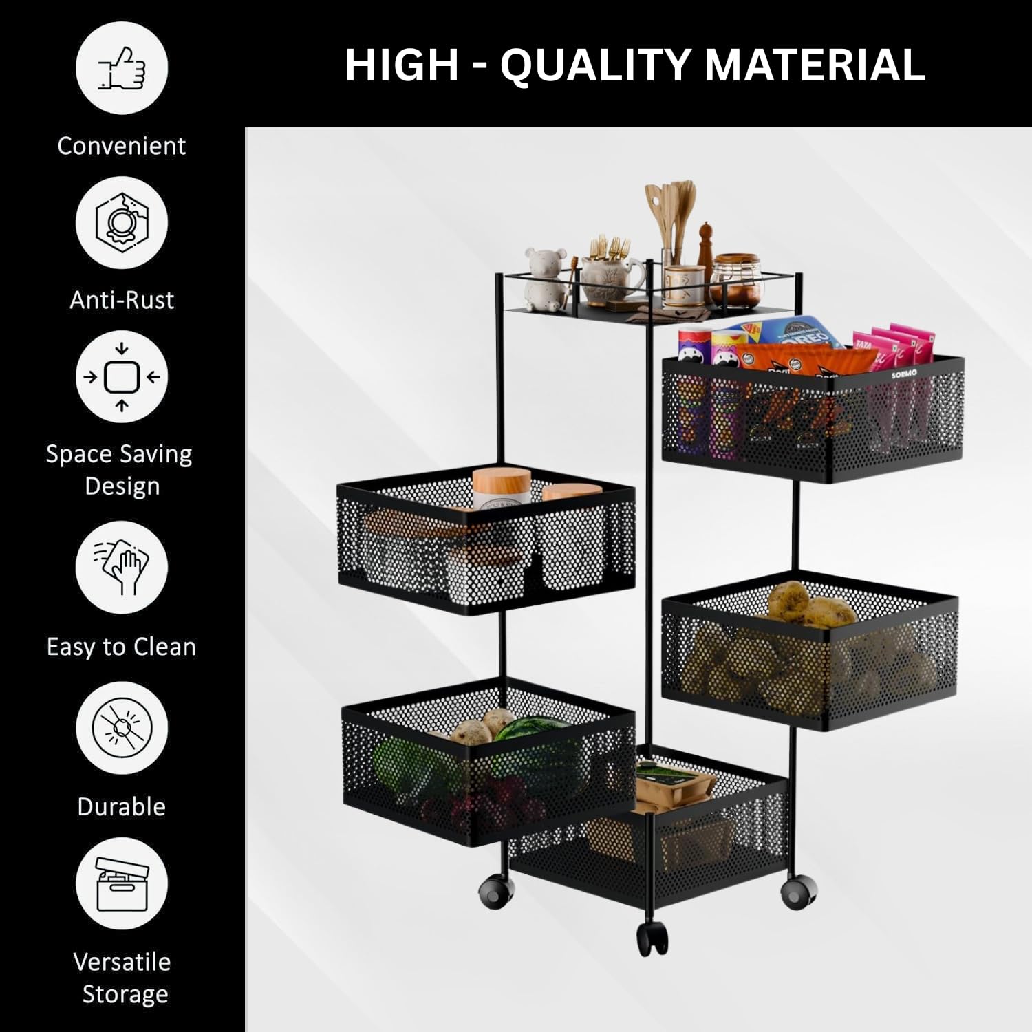 5-Tier Revolving Kitchen Trolley with Wheels (Black 29x29x95)