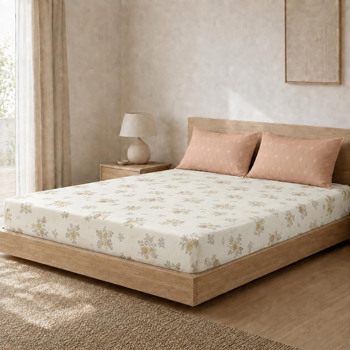 Double Bedsheet with 2 Pillow Covers 220 TC 100% Cotton Feel ( Cream , 90x100inch )