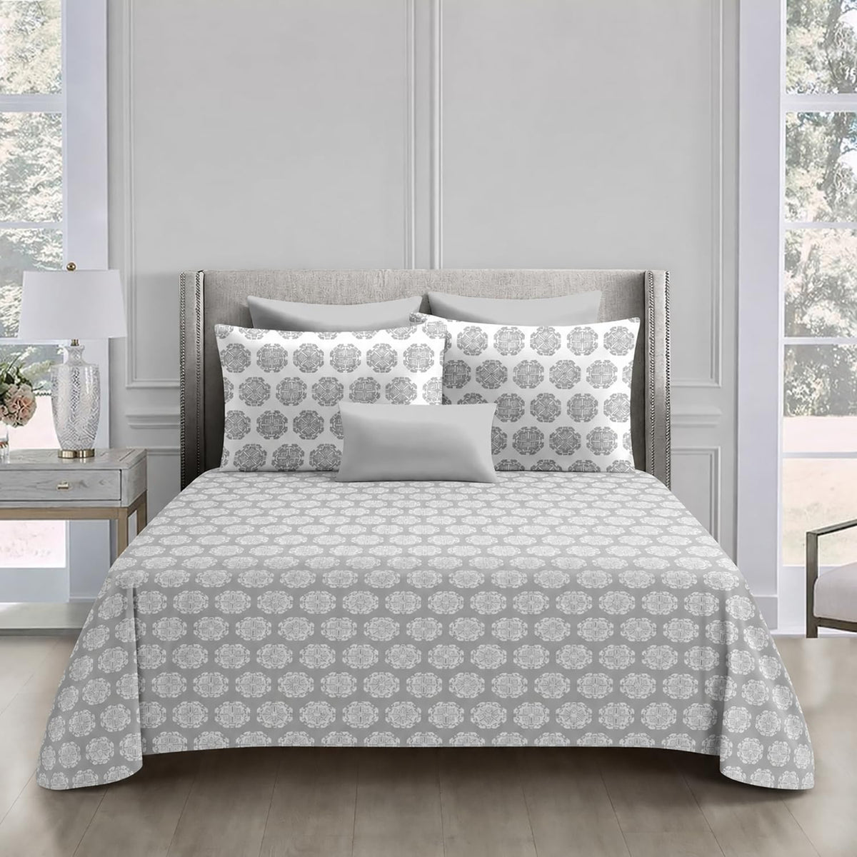 Double Bedsheet with 2 Pillow Covers Premium 240 TC 100% Cotton Feel (King Size Grey 108x108inch )