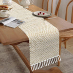 Table Runner with Tassels Honeycomb (Elegant Beige & White Woven  13 x 74 Inch)