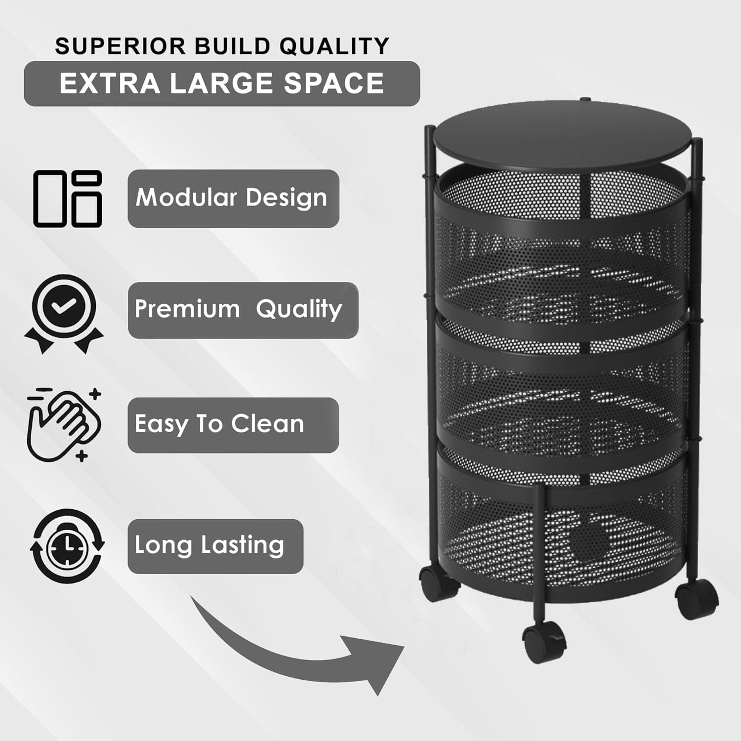 3-Tier Revolving Kitchen Trolley with Wheels (Black 32x32x60)