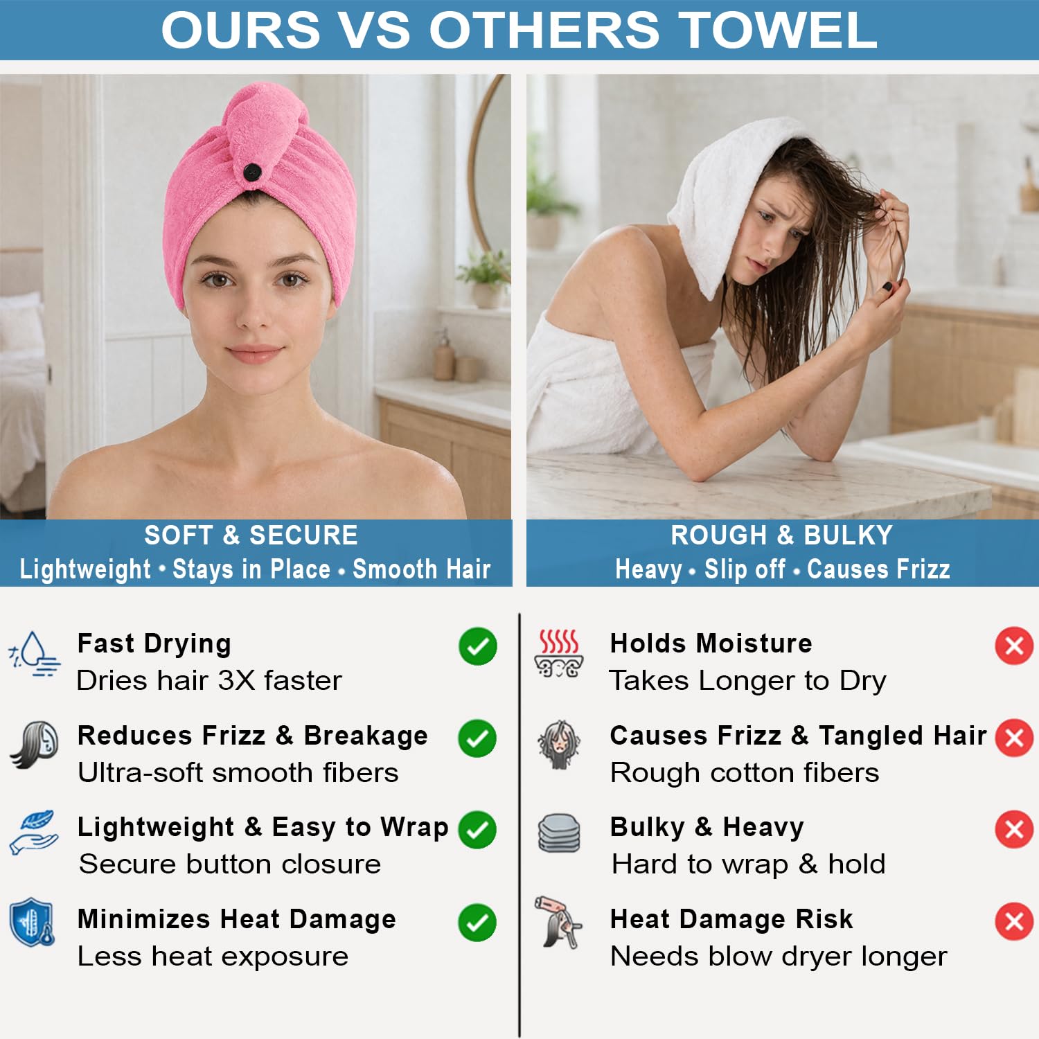 Microfibre Hair Towel Wrap for Women and Men ( 23x63.5 cm, Pink )