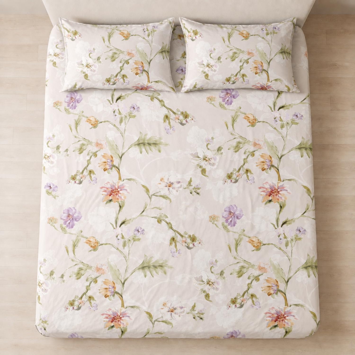 Double Bedsheet with 2 Pillow Covers 220 TC 100% Cotton Feel ( King Size Ivory 90x100inch )