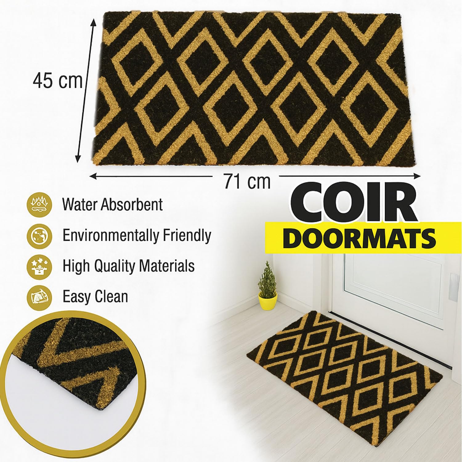 Coir Doormat for Home Entrance (Diamond Print Design ,71x45 cm)