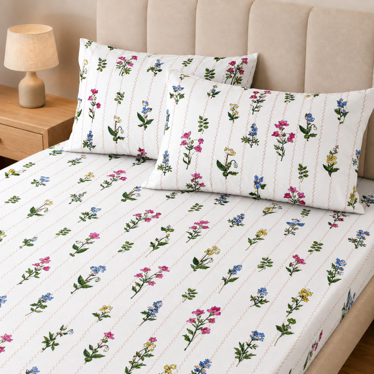 Double Bedsheet with 2 Pillow Covers 220 TC 100% Cotton Feel ( King Size Multi&White 90x100inch )