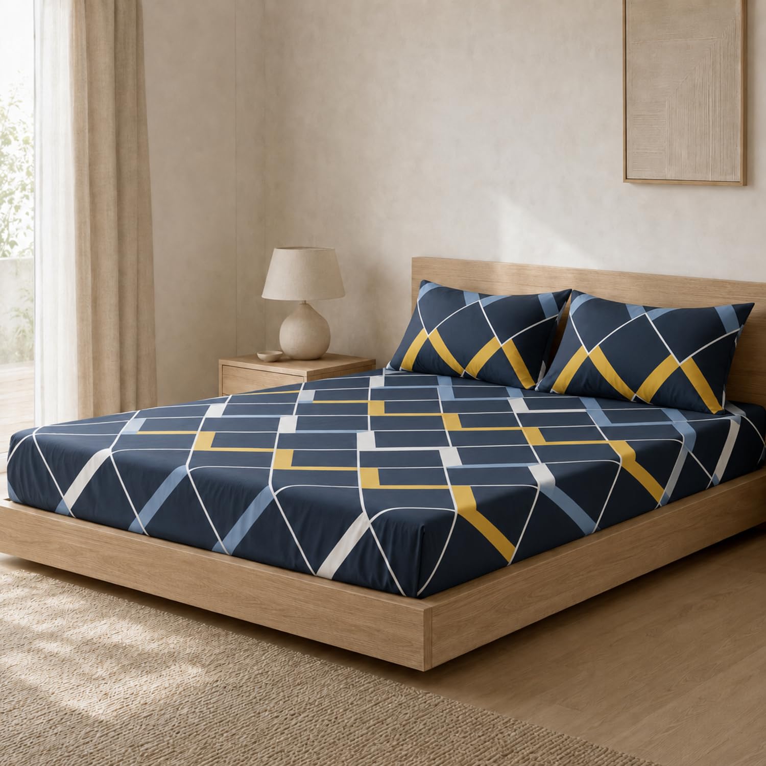 King Size Double Bedsheet with 2 Pillow Covers 220 TC 100% Premium Geo Lines Printed  90x100 inch