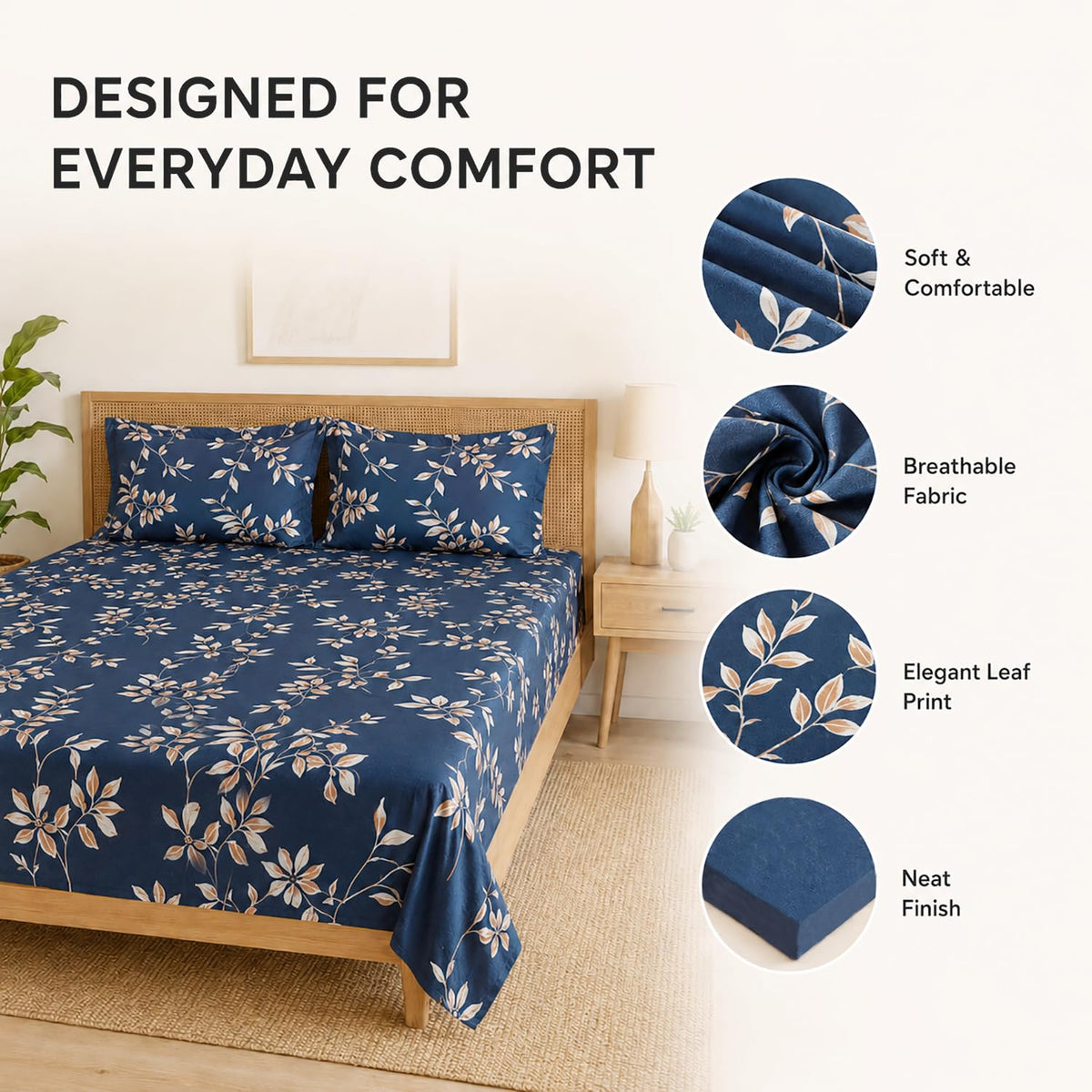 Double Bedsheet With 2 Pillow Covers Lines Pattern 200 TC 100% Cotton Feel ( Queen Size 90x90 Inch White Set Of 3 )