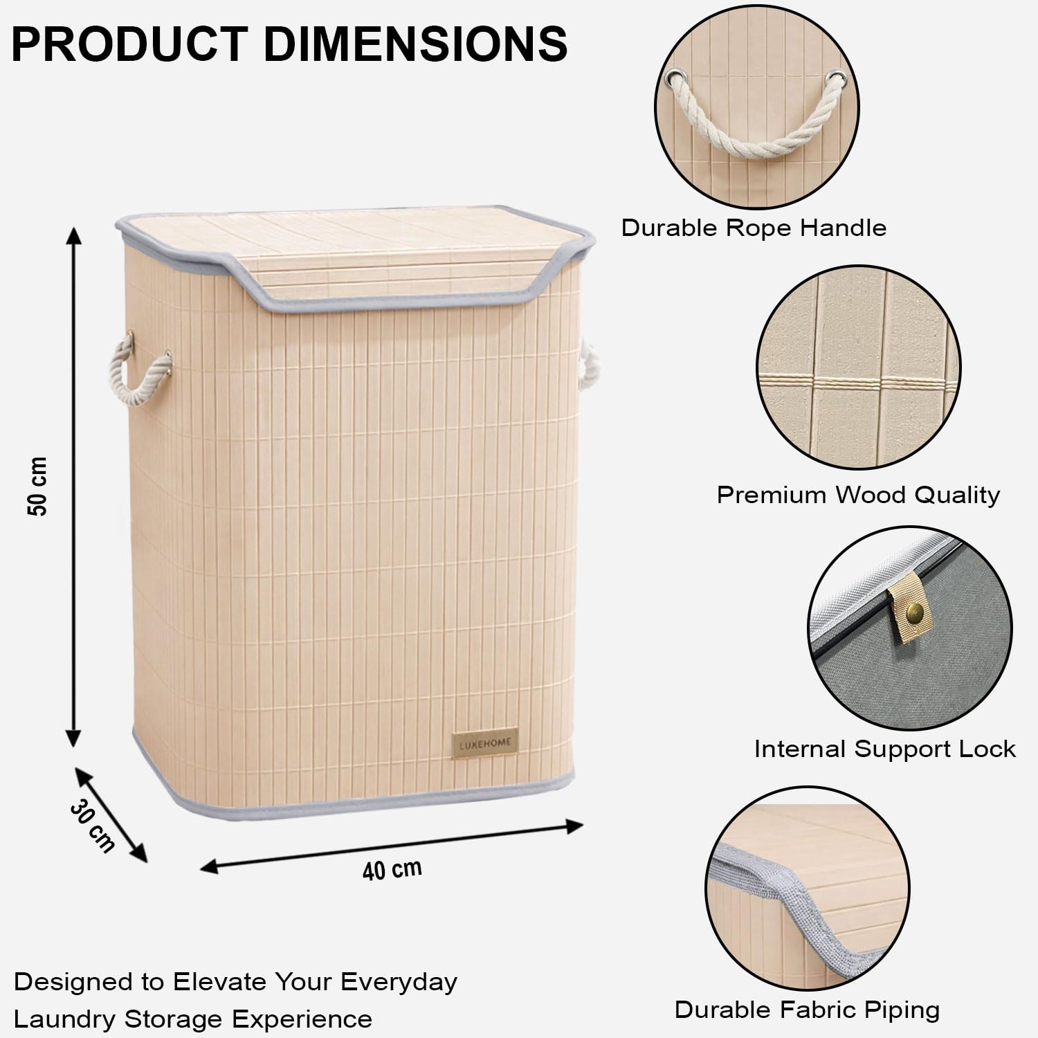 Rectangle Bamboo Laundry Basket for Clothes (Cream, 40x30x50 cm)