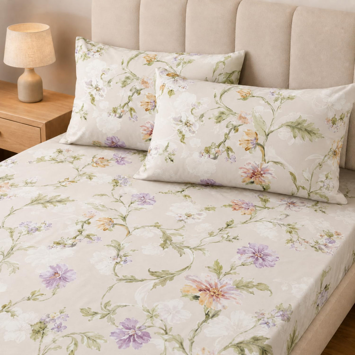 Double Bedsheet with 2 Pillow Covers 220 TC 100% Cotton Feel ( King Size Ivory 90x100inch )