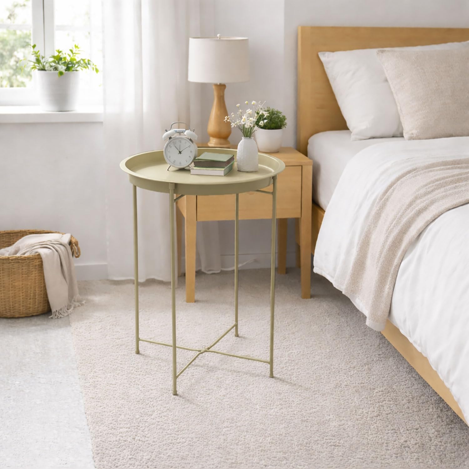 Round Metal Side Table for Living Room & Bedroom – Modern Bedside Table, Coffee Table, Corner Table with Sturdy Iron Frame, Taupe, 33x33x48-Small