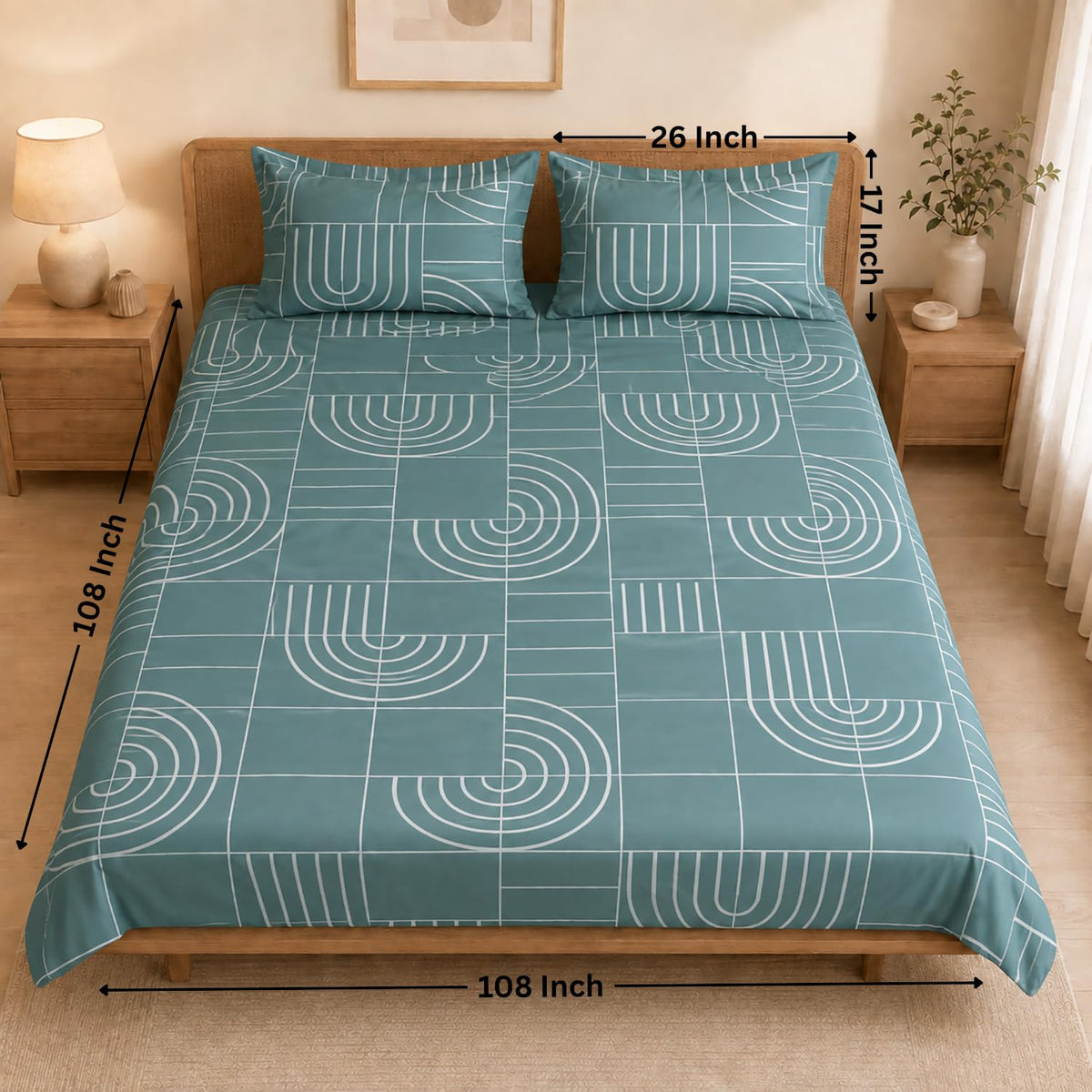 Double Bedsheet with 2 Pillow Covers Premium 240 TC 100% Cotton Feel ( King Size Teal 108x108inch )